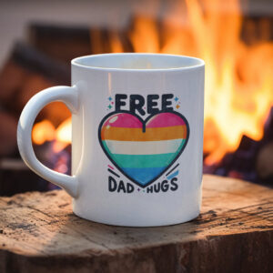 A white ceramic mug featuring a rainbow-striped heart and the words “Free Dad Hugs,” placed on a log in front of a warm campfire.