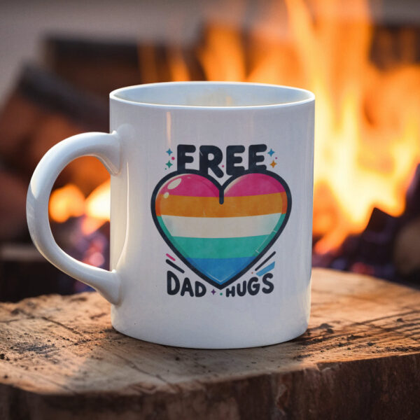 A white ceramic mug featuring a rainbow-striped heart and the words “Free Dad Hugs,” placed on a log in front of a warm campfire.
