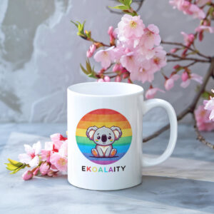 A white ceramic mug featuring a cute cartoon koala in front of a rainbow circle with the word “EKOALAITY” in multicoloured letters underneath.